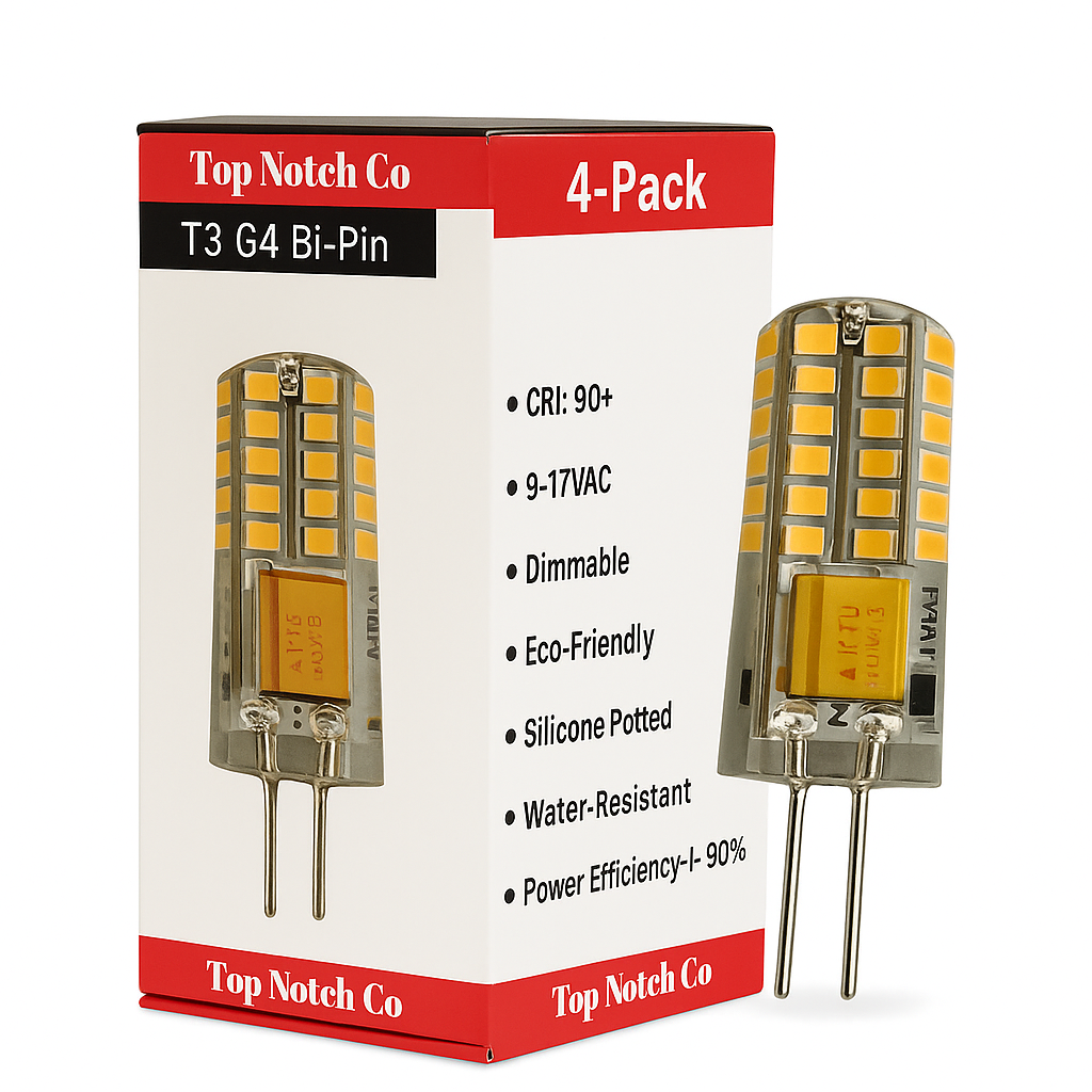 TopNotch™ T3 LED Bulb 2.5Watt, 2700k, 4-pack, 12v, Silicone Potted, Bi-pin G4 base, Weatherproof, Dimmable, CRI: 95+, GeTⓇ,9-17VAC,2.5w.