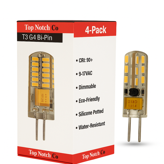 TopNotch™ T3 LED Bulb 1.5Watt, 3000K, 4-pack, 12v, Silicone Potted, Bi-pin G4 base, Weatherproof, Dimmable, CRI: 95+, GeTⓇ,9-17VAC, 1.5w