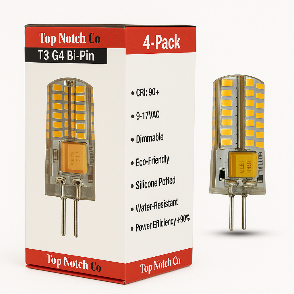 TopNotch™ T3 LED Bulb 3.5 Watt, 2700k, 4-Pack, 12v, Silicone Potted, Bi-pin G4 base, Weatherproof, Dimmable, CRI: 95+, GeTⓇ,9-17VAC, 3.5w.