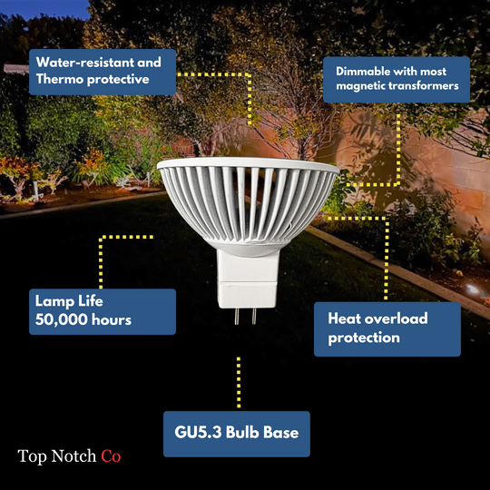 Luxe MR16 LED Bulb 2700k/3000k w/TP 12v-Dimmable, Longest Lasting, Weatherproof, Gu5.3 Bi-pin, 720 Lumens, CRI (85+)