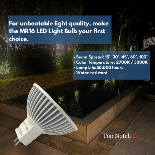 Luxe MR16 LED Bulb 2700k/3000k w/TP 12v-Dimmable, Longest Lasting, Weatherproof, Gu5.3 Bi-pin, 720 Lumens, CRI (85+)