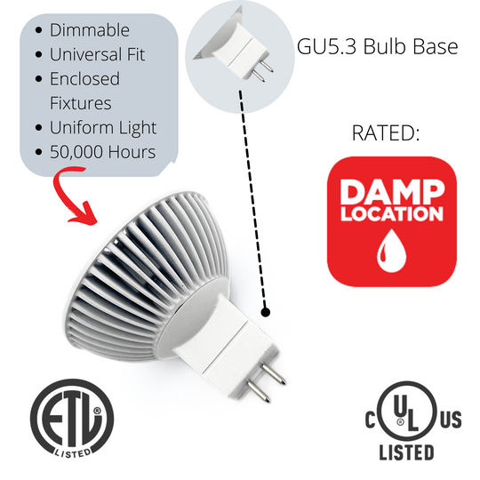 Luxe MR16 LED Bulb 3 Watt 2700k  Dimmable-CRI (90+)-Beams 38° (50000k hrs) Weatherproof, Gu5.3, Bi-pin, 260 Lumens