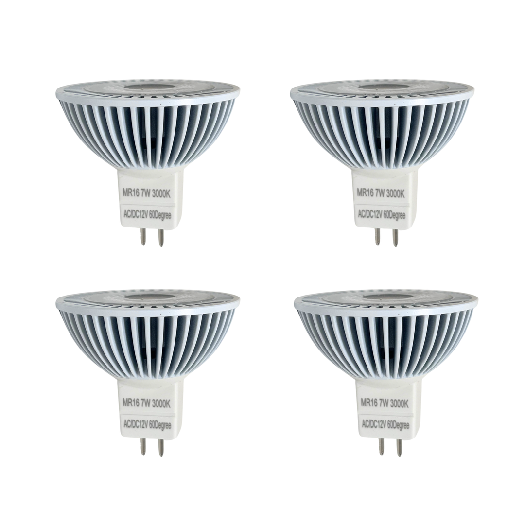 Luxe MR16 LED Bulb 7 Watt, 3000k (4 Pack) Dimmable-CRI (90+)-Beams 60° (50000k hrs) Weatherproof, Gu5.3, Bi-pin, 490 Lumens