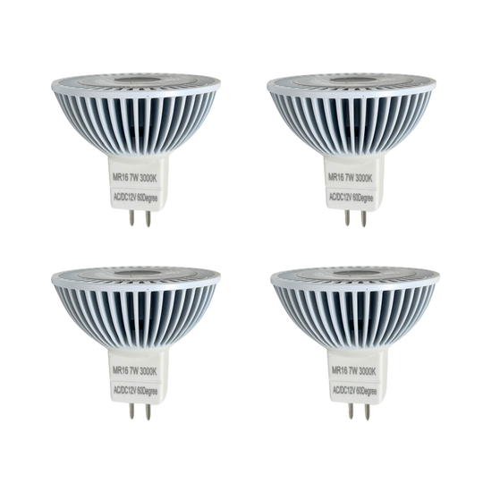 Luxe MR16 LED Bulb 7 Watt, 3000k (4 Pack) Dimmable-CRI (90+)-Beams 60° (50000k hrs) Weatherproof, Gu5.3, Bi-pin, 490 Lumens