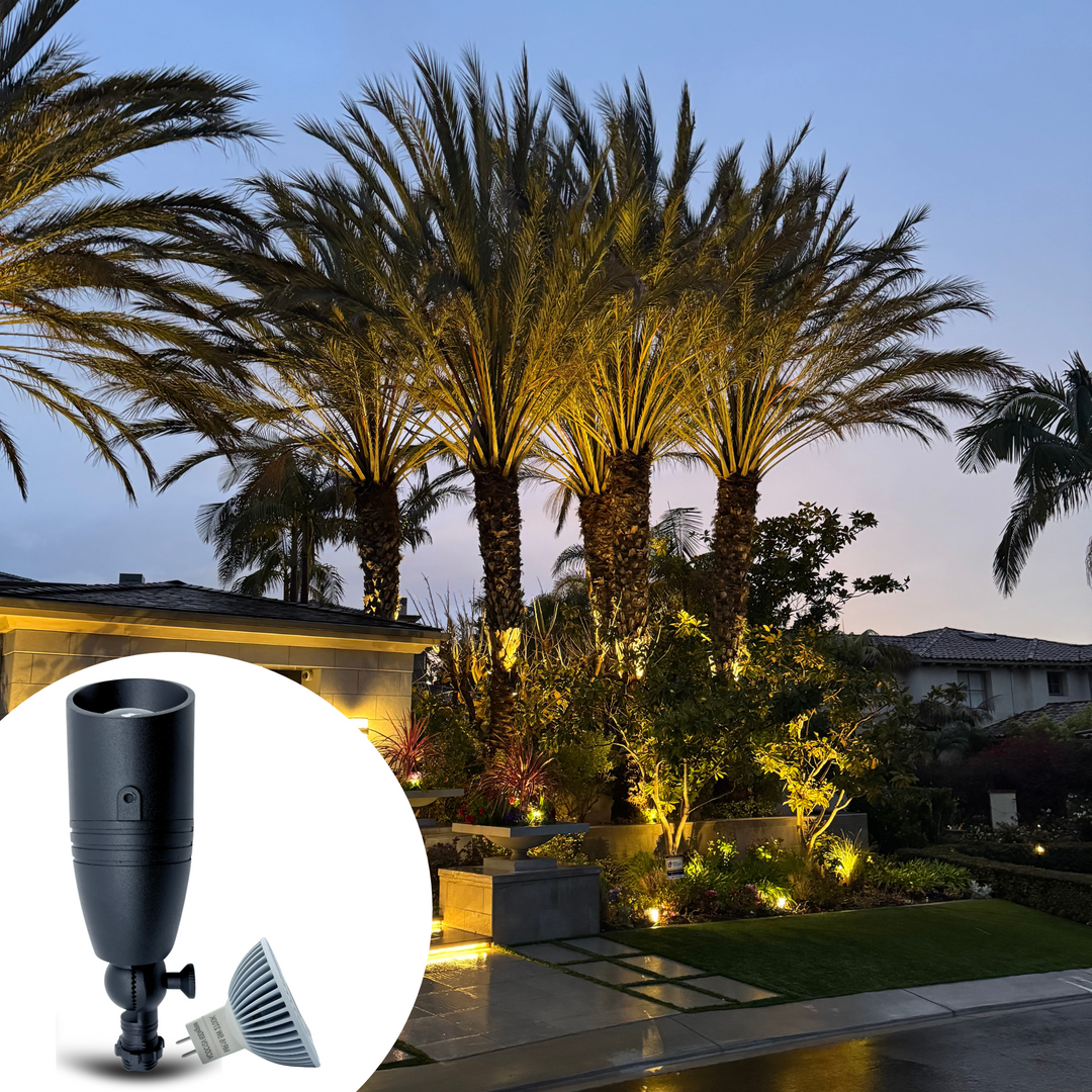 Top Notch Outdoor Spotlights (4 Pack)- Premium Outdoor Landscape Lighting for Driveways, Security, and Landscaping - Adjustable, GU5.3 Bi-pin, Nickel Contacts, Weatherproof, Wired 12v Cast Brass LED Area Lights (Aluminum Black)