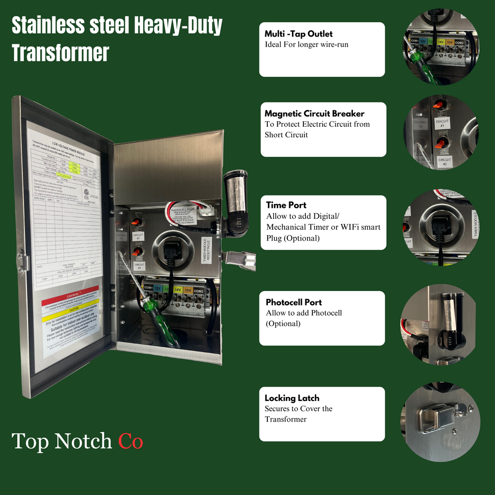 Top Notch Low Voltage Transformer for Landscape Lighting - Stainless Steel, Gleaming Finish, Heavy Duty, Mulit-tab (12v-15V), 120v 60” Cord Input/ Plugin
