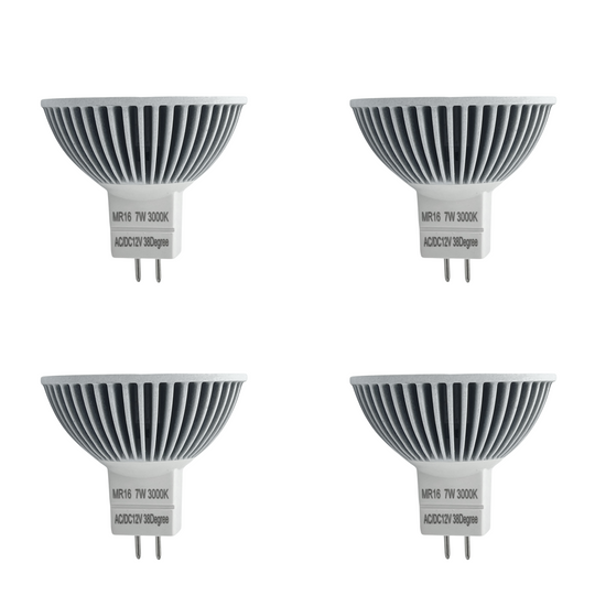 Luxe MR16 LED Bulb 7 Watt, 3000k (4 Pack) Dimmable-CRI (90+)-Beams 38° (50000k hrs) Weatherproof, Gu5.3, Bi-pin, 490 Lumens