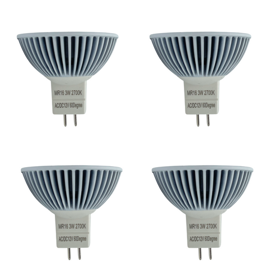 Luxe MR16 LED Bulb 3 Watt 2700k (4 Pack) w/TP 12v-Dimmable-CRI (90+)-Beams 60° (50000k hrs) Weatherproof, Gu5.3, Bi-pin,260 Lumens
