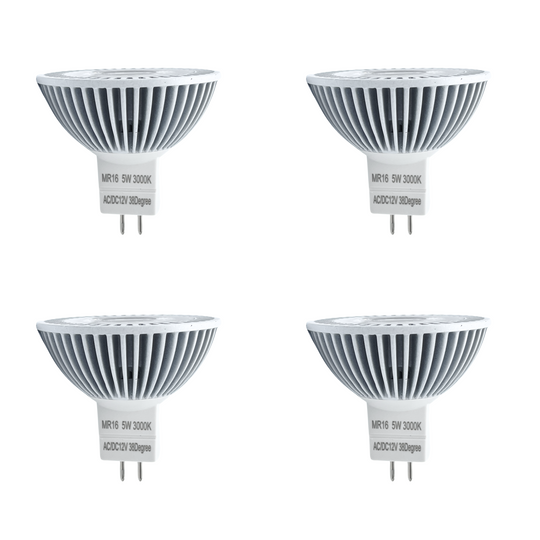 Luxe MR16 LED Bulb 5 Watt, 3000k Dimmable-CRI (90+)-Beams 38° (50000k hrs) Weatherproof, Gu5.3, Bi-pin, 390 Lumens