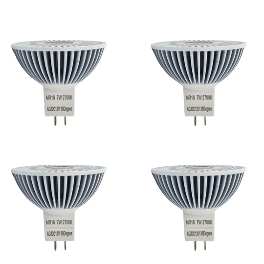 Luxe MR16 LED Bulb 7 Watt, 2700k (4 Pack) Dimmable-CRI (90+)-Beams 38° (50000k hrs) Weatherproof, Gu5.3, Bi-pin, 490 Lumens
