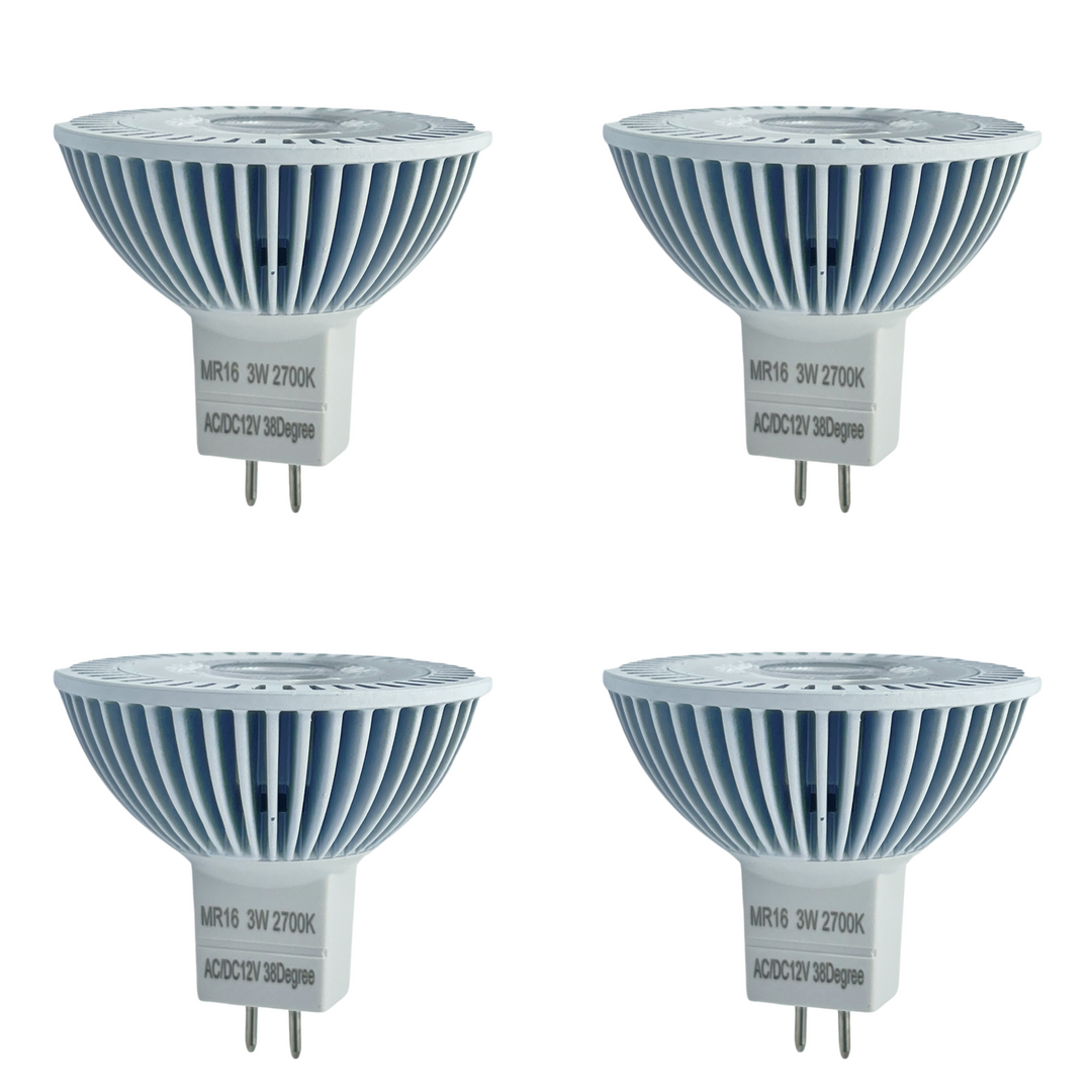 Luxe MR16 LED Bulb 3 Watt 2700k (4 Pack)  Dimmable-CRI (90+)-Beams 38° (50000k hrs) Weatherproof, Gu5.3, Bi-pin, 260 Lumens