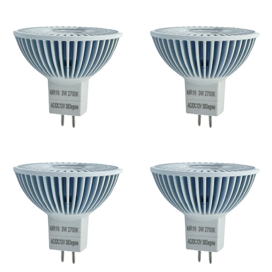 Luxe MR16 LED Bulb 3 Watt 2700k (4 Pack)  Dimmable-CRI (90+)-Beams 38° (50000k hrs) Weatherproof, Gu5.3, Bi-pin, 260 Lumens