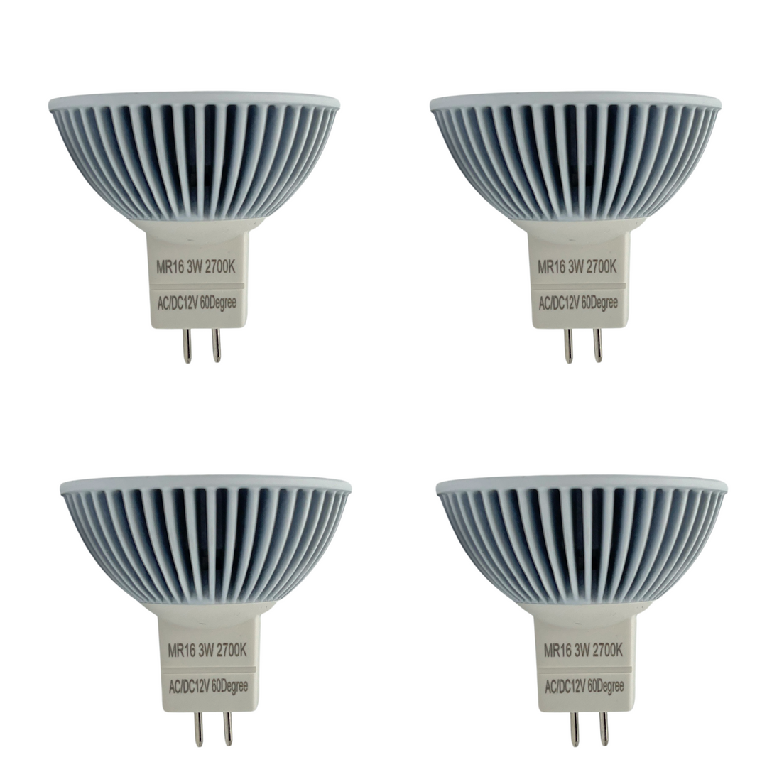 Luxe MR16 LED Bulb 3 Watt 2700k (4 Pack) w/TP 12v-Dimmable-CRI (90+)-Beams 60° (50000k hrs) Weatherproof, Gu5.3, Bi-pin,260 Lumens