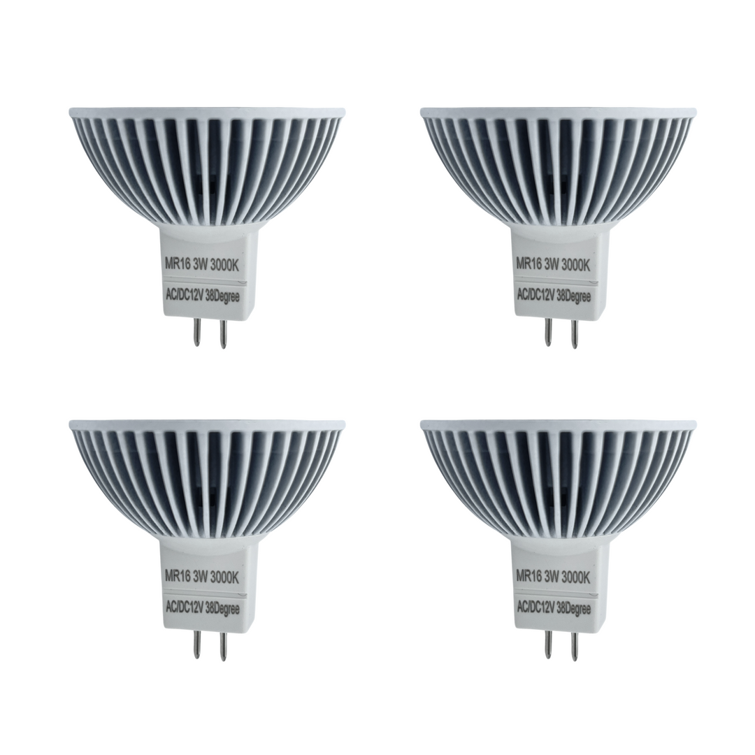 Luxe MR16 LED Bulb 3 Watt 3000k (4 Pack) Dimmable-CRI (90+)-Beams 38° (50000k hrs) Weatherproof, Gu5.3, Bi-pin, 260 Lumens