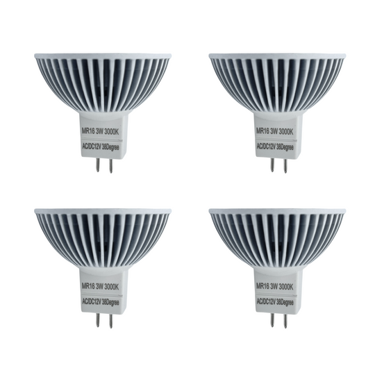 Luxe MR16 LED Bulb 3 Watt 3000k (4 Pack) Dimmable-CRI (90+)-Beams 38° (50000k hrs) Weatherproof, Gu5.3, Bi-pin, 260 Lumens
