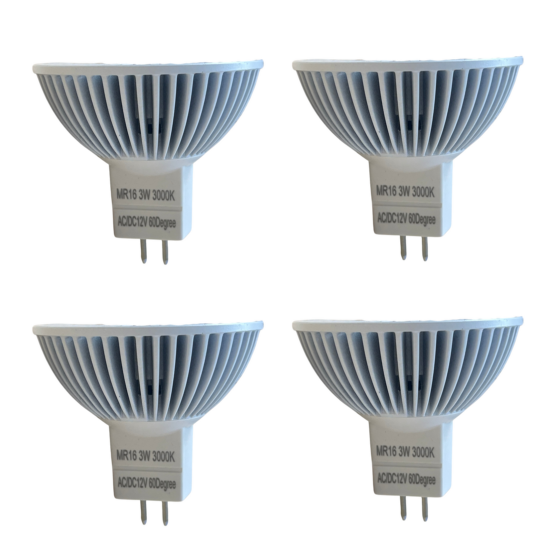Luxe MR16 LED Bulb 3 Watt 3000k (4 Pack) Dimmable-CRI (90+)-Beams 60° (50000k hrs) Weatherproof, Gu5.3, Bi-pin, 260 Lumens (Copy)