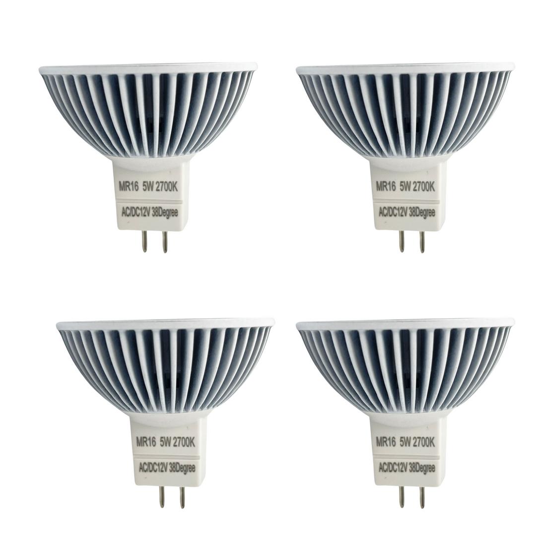 Luxe MR16 LED Bulb 5 Watt, 2700k-(4 Pack) Dimmable-CRI (90+)-Beams 38° (50000k hrs) Weatherproof, Gu5.3, Bi-pin, 390 Lumens