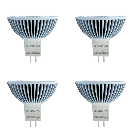 Luxe MR16 LED Bulb 5 Watt, 2700k- ( 4 Pack) Dimmable-CRI (90+)-Beams 60° (50000k hrs) Weatherproof, Gu5.3, Bi-pin, 390 Lumens