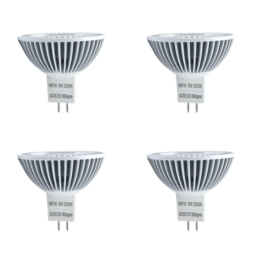 Luxe MR16 LED Bulb 5 Watt, 3000k Dimmable-CRI (90+)-Beams 38° (50000k hrs) Weatherproof, Gu5.3, Bi-pin, 390 Lumens
