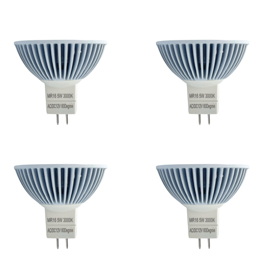 Luxe MR16 LED Bulb 5 Watt, 3000k (4 Pack) Dimmable-CRI (90+)-Beams 60° (50000k hrs) Weatherproof, Gu5.3, Bi-pin, 390 Lumens