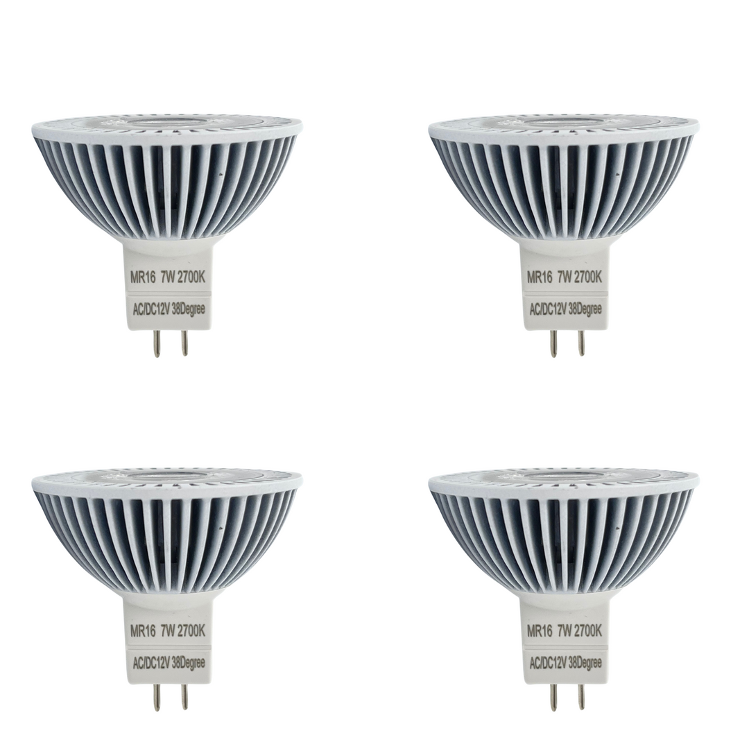 Luxe MR16 LED Bulb 7 Watt, 2700k (4 Pack) Dimmable-CRI (90+)-Beams 38° (50000k hrs) Weatherproof, Gu5.3, Bi-pin, 490 Lumens