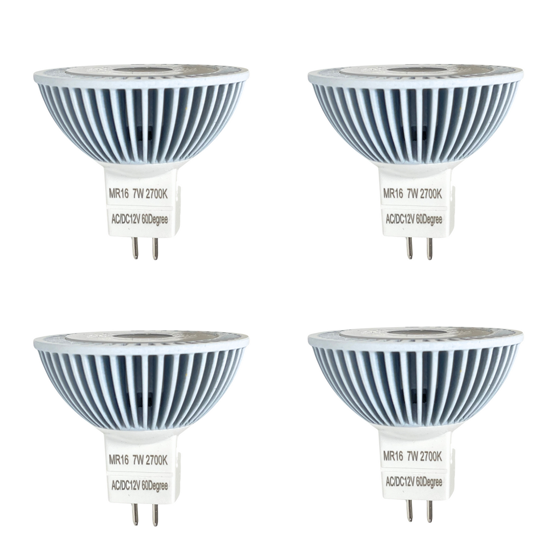 Luxe MR16 LED Bulb 7 Watt, 2700k ( 4 Pack) -Dimmable-CRI (90+)-Beams 60° (50000k hrs) Weatherproof, Gu5.3, Bi-pin, 490 Lumens