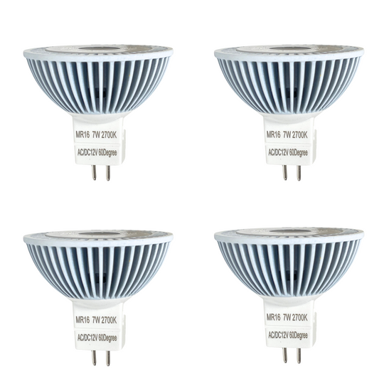 Luxe MR16 LED Bulb 7 Watt, 2700k ( 4 Pack) -Dimmable-CRI (90+)-Beams 60° (50000k hrs) Weatherproof, Gu5.3, Bi-pin, 490 Lumens