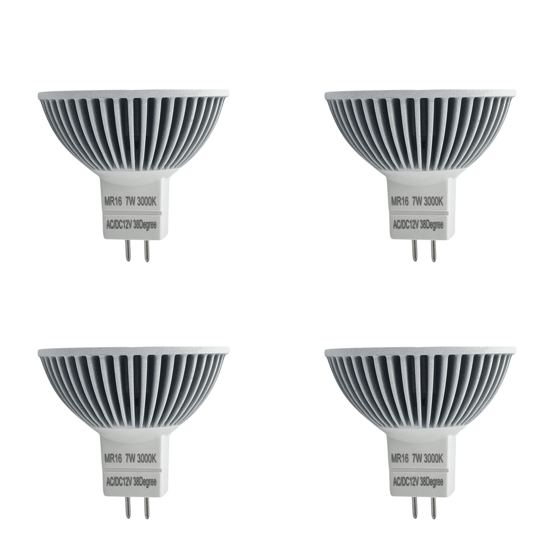 Luxe MR16 LED Bulb 7 Watt, 3000k (4 Pack) Dimmable-CRI (90+)-Beams 38° (50000k hrs) Weatherproof, Gu5.3, Bi-pin, 490 Lumens