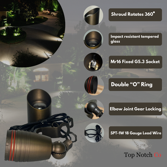 Outdoor Landscape Spotlight Brass - 12v 280 Degree Swivel G4 Base - Glare Protectant Shroud