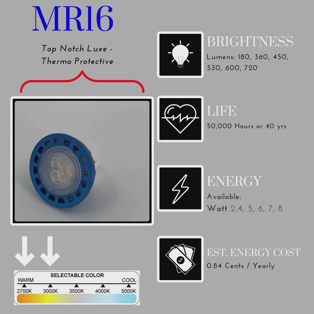 TopNotch Luxe Blue-Metallic MR16 LED Bulb 2700k/3000k w/TP Tech Rated 50,000k Hrs(Replacement) Landscape Lighting 12v