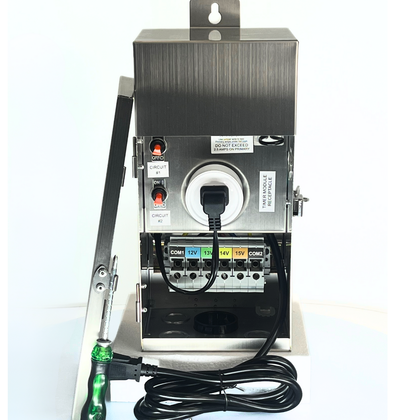 Top Notch Low Voltage Transformer for Landscape Lighting - Stainless Steele, Gleaming Finish, Heavy Duty, Mulit-tab (12v-15V), 120v 60” Cord Input/ Plugin